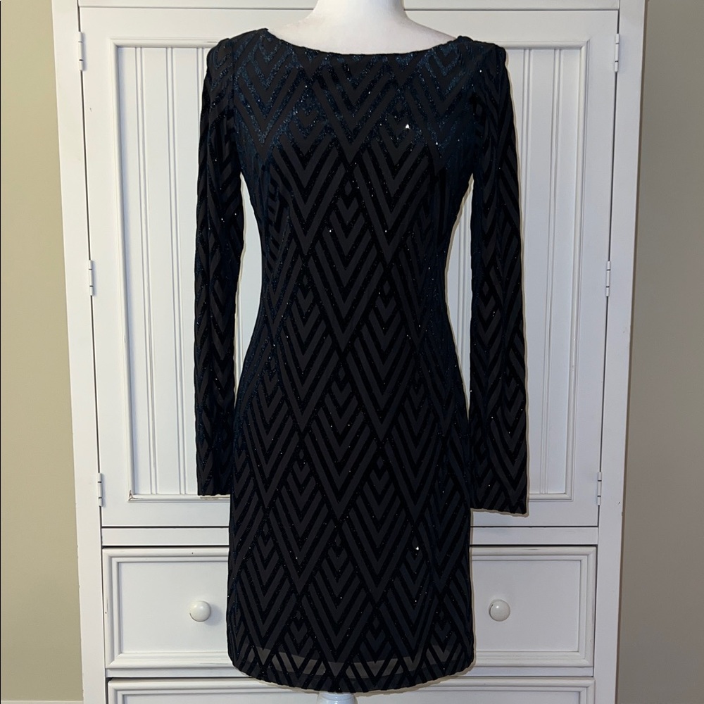 Vince Camuto Black Long Sleeve Dress with Geometric Design